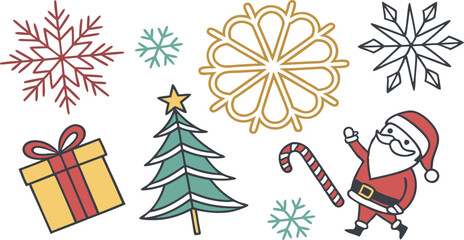 Cheerful Christmas Clipart: Santa, Tree, Gifts, Snowflakes, Candy Cane; Festive, Line Art Style