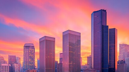 Skyscrapers Silhouette Vibrant Sunset Sky Cityscape Panorama