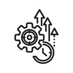 Productivity growth icon with gear, clock, and arrows, representing efficiency, process improvement, and time management.