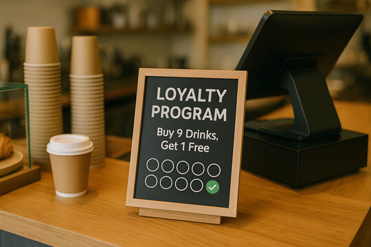 Coffee shop loyalty program sign at counter with paper coffee cups and point of sale terminal - Powered by Adobe