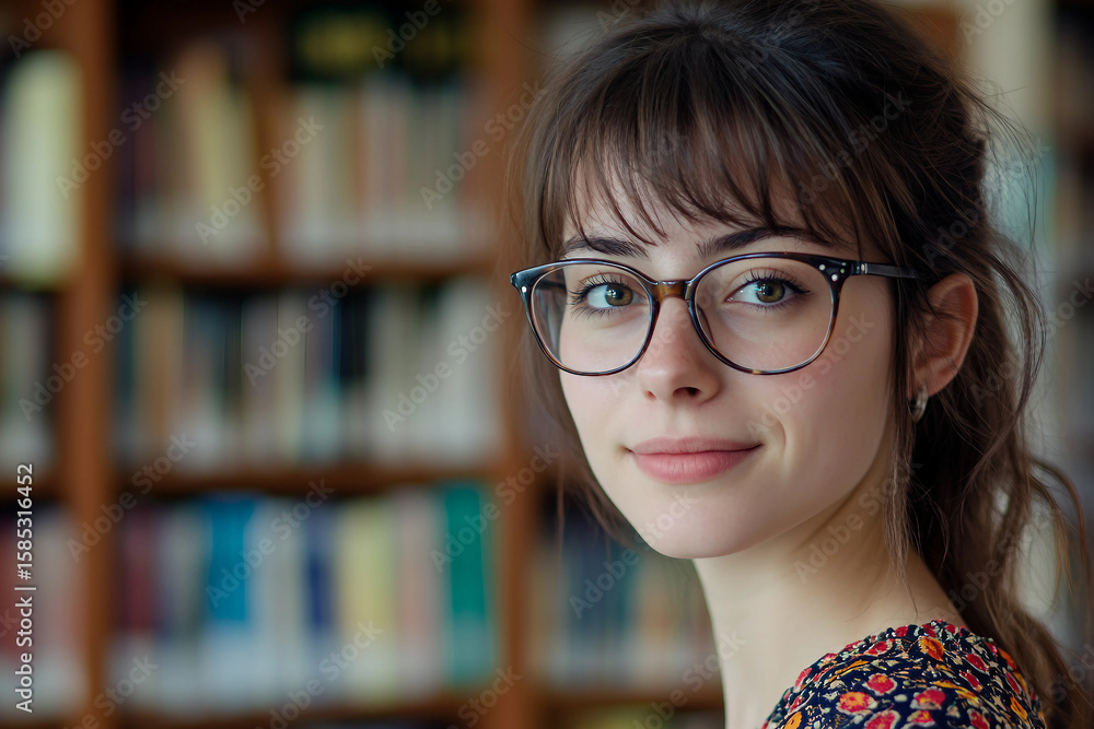 Poster an image of female student in library generative ai concept