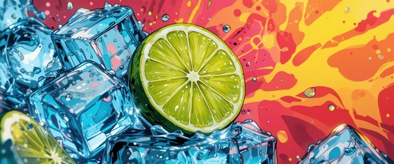 Pop Art Lime Slice on Ice with Vibrant Background Horizontal