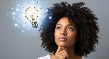 Young woman thinking with a lightbulb graphic above her head, representing a new idea, innovation, or creative inspiration