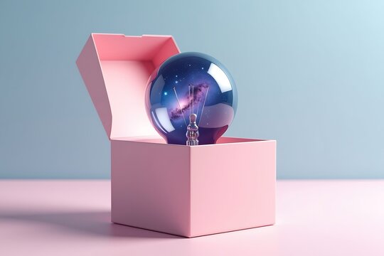 Light bulb with galaxy inside in a box creative idea concept art