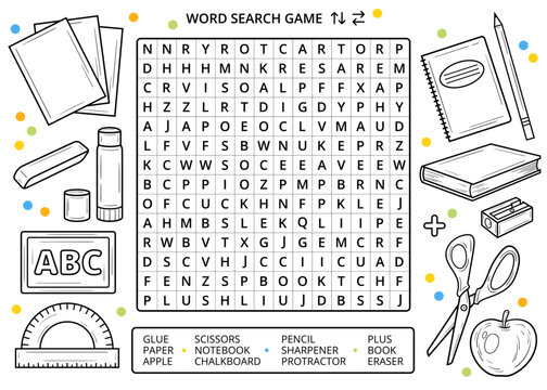 Back to school word search puzzle game with line drawings worksheet. School line art drawing elements, doodles. Fun activity for learning English vocabulary. Educational game for children and adults