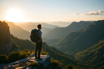 Fototapeta premium Hiker On Mountain Top At Sunset Achieving Goals Adventure Freedom