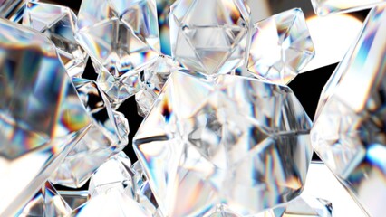 Shiny transparent crystals with realistic refraction and rainbow dispersion. Abstract close-up with light reflections and clean background.