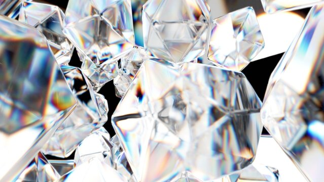 Shiny transparent crystals with realistic refraction and rainbow dispersion. Abstract close-up with light reflections and clean background.