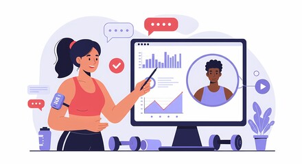 Fitness Instructor Explaining Workout Data on Computer Screen.