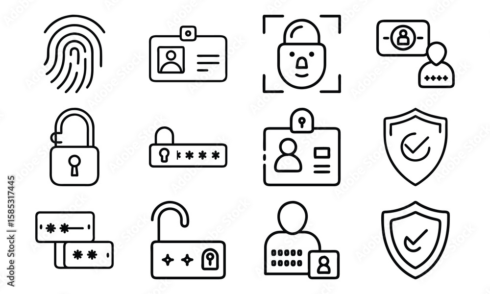 Poster digital security icons featuring fingerprint id face recognition and password protection elements