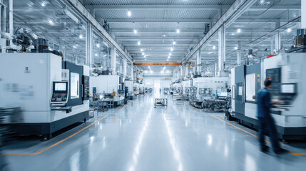 A modern CNC high-tech factory with advanced CNC machinery and industrial robots  background. Clean design lines. 3d illustration.