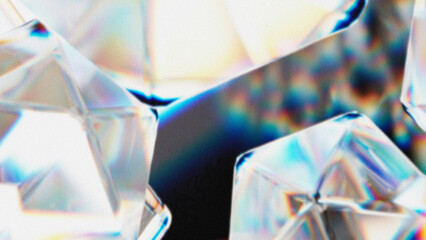 Close-up of abstract translucent crystals with iridescent rainbow reflections. Soft-focus digital macro rendering.
