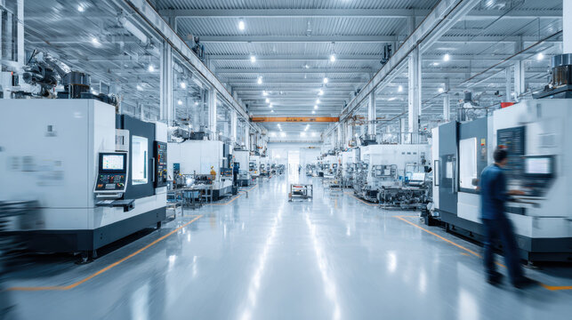 A modern CNC high-tech factory with advanced CNC machinery and industrial robots  background. Clean design lines. 3d illustration.