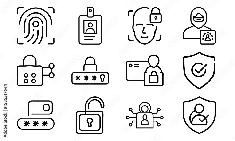 Poster security and authentication icon set illustrating digital privacy and protection concepts