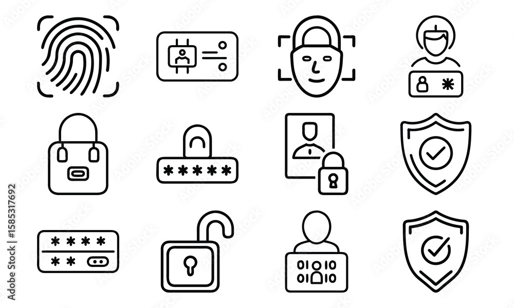 Poster collection of modern digital security and authentication icons depicting password and biometric logi