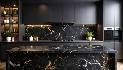 Modern dark kitchen with marble backsplash