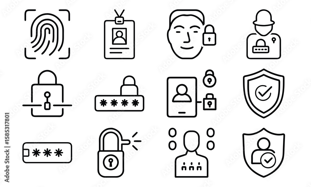 Poster set of security and authentication icons representing different access and protection methods