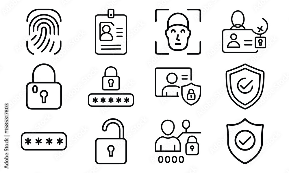 Poster vector icon set illustrating digital security authentication methods and data protection