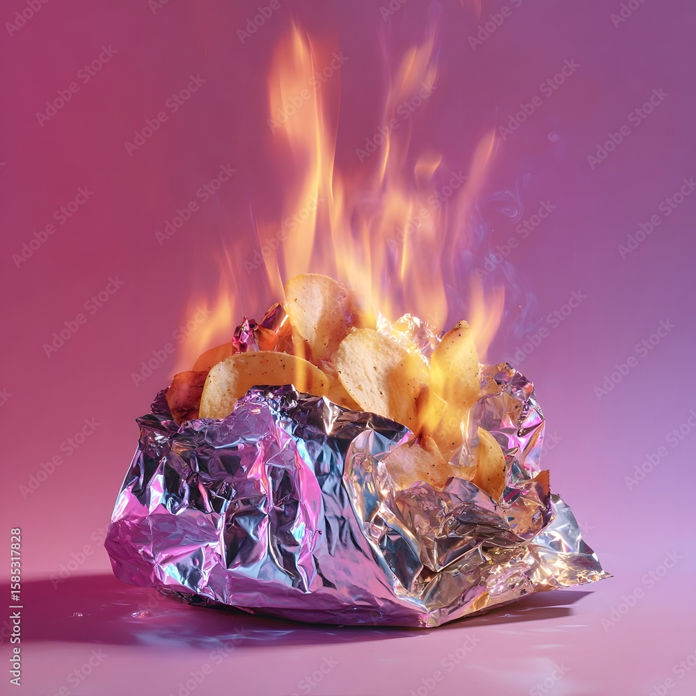 Poster Flaming snack in metallic foil bag against a colorful gradient background, creating a dynamic visual effect