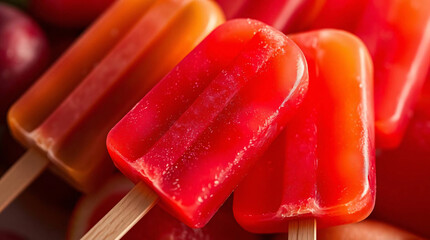 Bright summer fruit ice pops on wooden sticks in red and orange colors, vibrant summer background or wallpaper