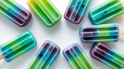 Colorful green, blue, purple fruit popsicles arranged in creative display from bird's eye perspective