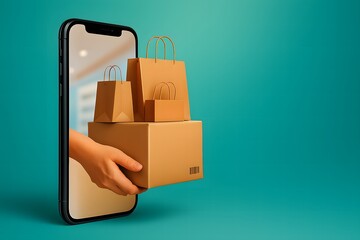 Online Shopping and Delivery Packages with Hand Reaching Out from Phone on gradient teel
