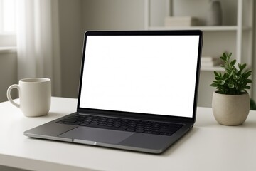 Fototapeta premium Laptop with Blank Editable Screen on Desk with Plant and Coffee