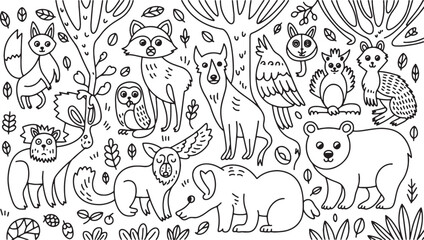 Fototapeta premium Woodland creatures and foliage in a whimsical outline style raccoon elephant