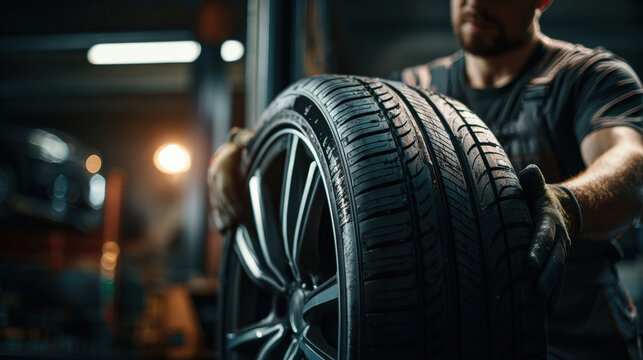 Close-up of a mechanic changing a car tire in a garage, holding the wheel for a shop repair service concept on a grey background.