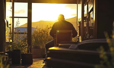 Contemplative man silhouetted against a vibrant sunset in a rustic cabin setting - Powered by Adobe
