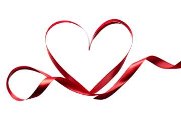 A shiny red ribbon elegantly shaped into a heart with flowing curves, isolated on white isolated on transparent background