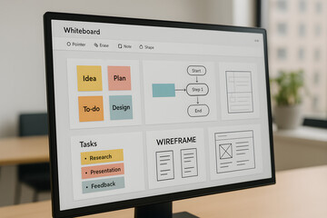 Monitor displaying digital whiteboard for brainstorming, planning, and wireframing in modern office setting