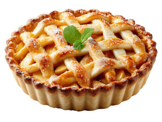 Delicious freshly baked apple pie decorated with mint on transparent background
