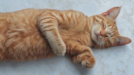 A domesticated orange cat resting on a clean white surface