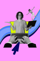 Vertical 3d image collage of two happy business partners it-specialist hands type keypad laptop...