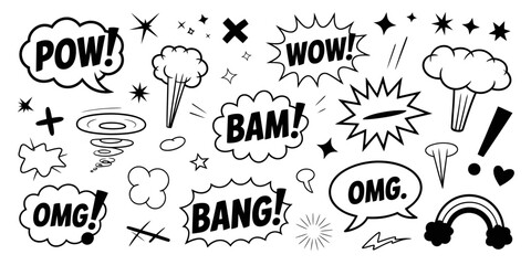 Comic Boom Cartoon Effect Icon Set – Hand Drawn Vector Doodle Elements Including Speech Bubbles, Pow, Boom Text, Explosions, Smoke, and Wow Effects for Illustrations


