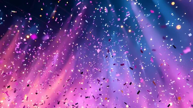 Colorful confetti falling in a vibrant purple and blue light show