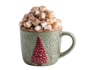 Green mug red tree marshmallow hot chocolate cocoa ceramic festive holiday winter drink. green ceramic mug with red Christmas tree design filled with hot chocolate topped with marshmallow