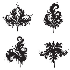 Four artistic black and white floral ornament designs isolated on white background offering elegant decorative elements