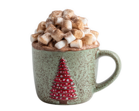 Green mug red tree marshmallow hot chocolate cocoa ceramic festive holiday winter drink. green ceramic mug with red Christmas tree design filled with hot chocolate topped with marshmallow