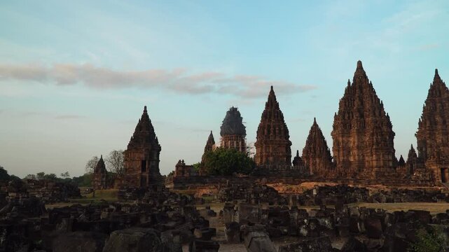 Prambanan temple complex in the morning. Hindu temple in Java, Indonesia