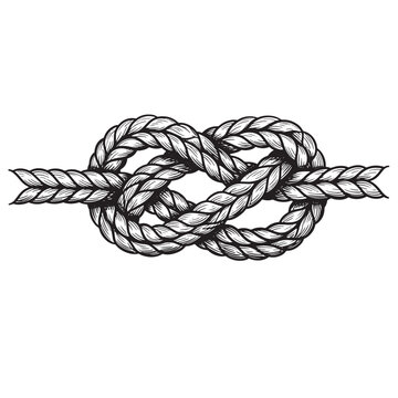 Hand drawn nautical illustration showcasing a detailed black and white rope knot on a clean white background with a vintage aesthetic.