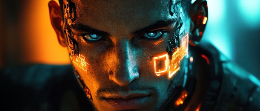Cyberpunk man with glowing face modifications