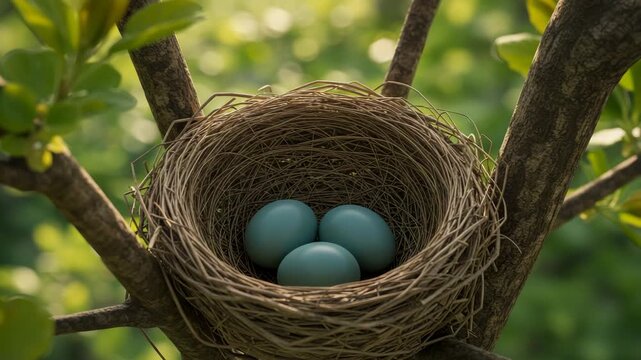 Brown Bird Nest Holding Three Blue Eggs on Tree Branch with Green Leaves at Sunny Day