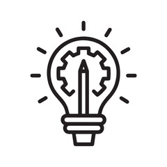 Creative process and innovation icon with lightbulb, gear, and pencil, symbolizing idea development, solution design, and implementation.