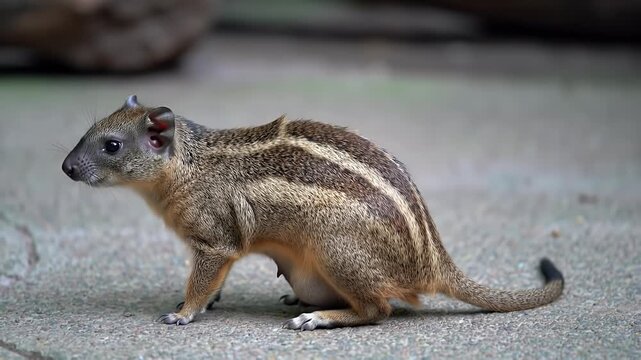 Striped Ground Squirrel Foraging on Paved Surface, Showcasing Detailed Fur Patterns and Wildlife Beauty