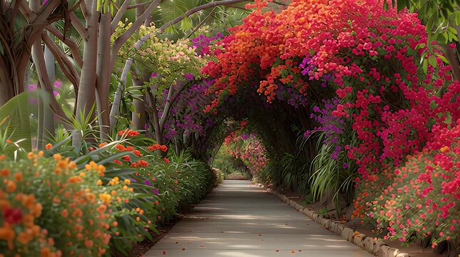 Flower Pathway With Lush Greenery And Vibrant Blooms
