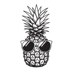 Stylish black and white pineapple wearing sunglasses representing summer fun vacation and relaxation