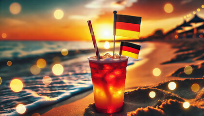 Refreshing Summer Cocktail on a Scenic Sunset Beach with German Flags. Drinking Straw Day. World Cocktail Day.