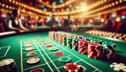 Lively Casino Night Scene with Colorful Lighting and Gaming Table